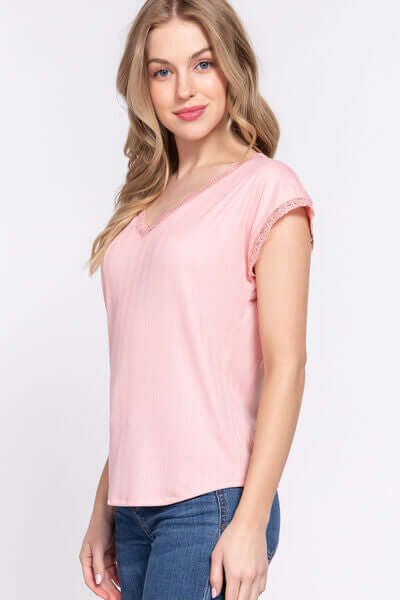 ACTIVE BASIC Lace Trim V-Neck Short Sleeve Ribbed 