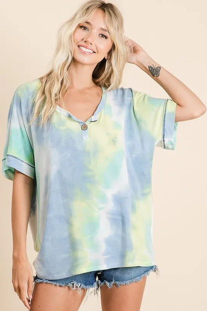 Tie Dye French Terry Top With Buttoned Placket - In Style Chics Boutique 