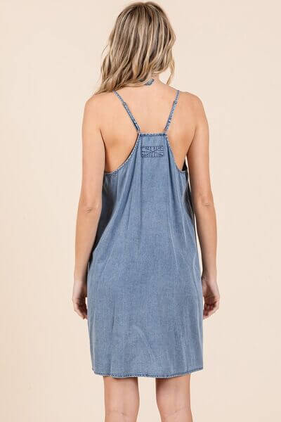 Washed Patch Pocket Mini Cami Denim Dress - In Style Chics Boutique 