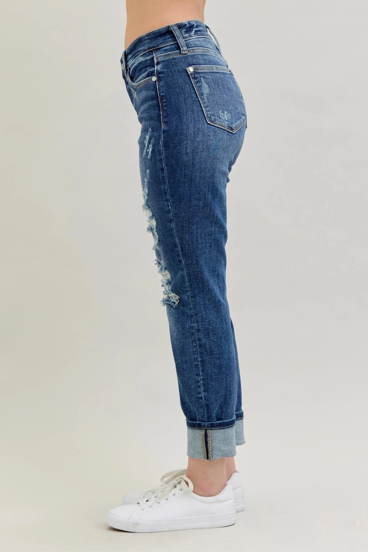 Judy Blue Mid Rise Cuffed Destroy Boyfriend Jeans - In Style Chics Boutique Women's Clothes Online Plus Size 