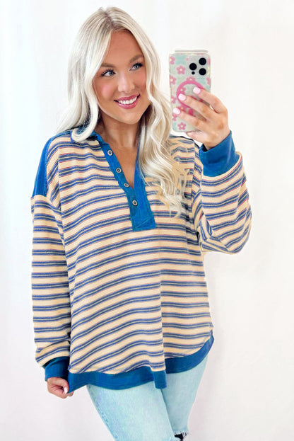 Stripe Collared V Neck Drop Shoulder Top