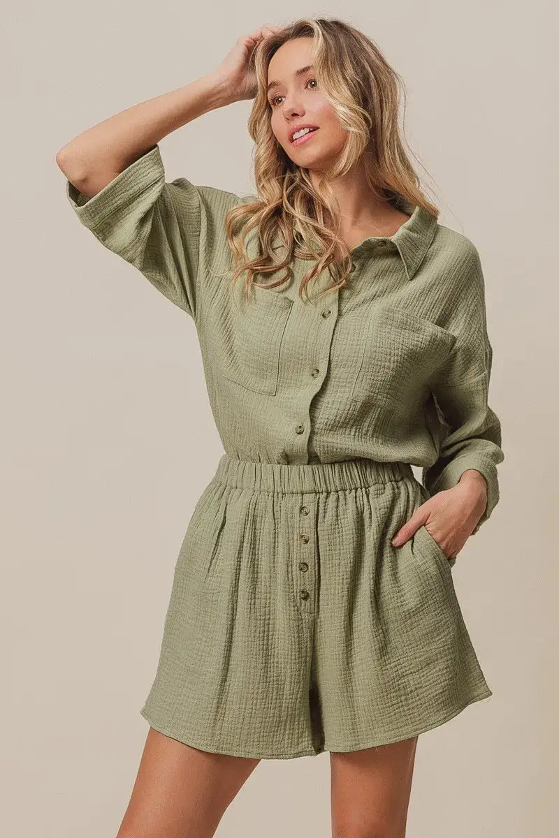 Crinkle Gauze Shirt and Short Set - In Style Chics Boutique