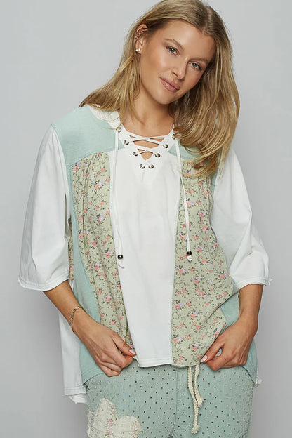 Lace-Up Hooded T-Shirt with Paisley Panel Detail at In Style Chics Boutique 