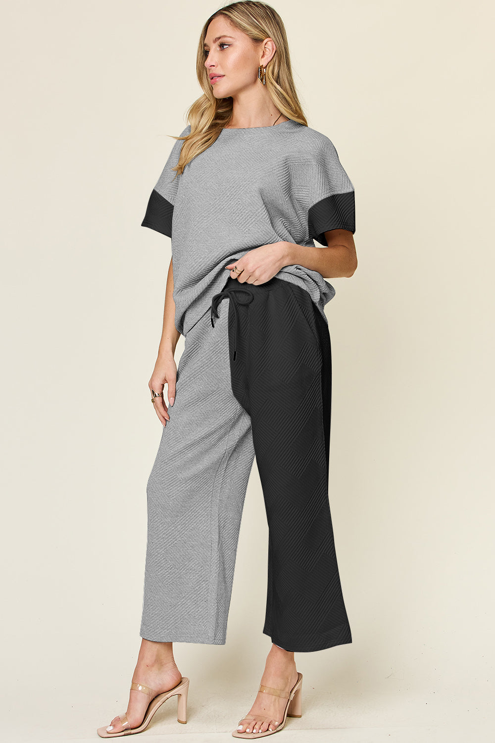 Double Take Full Size Texture Contrast T-Shirt and Wide Leg Pants Set - More Colors! - In Style Chics Boutique LLC