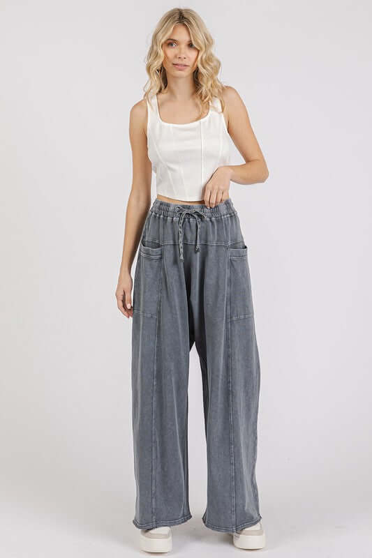 Mittoshop Mineral Wash Elastic Waist Barrel Leg Baggy Pants