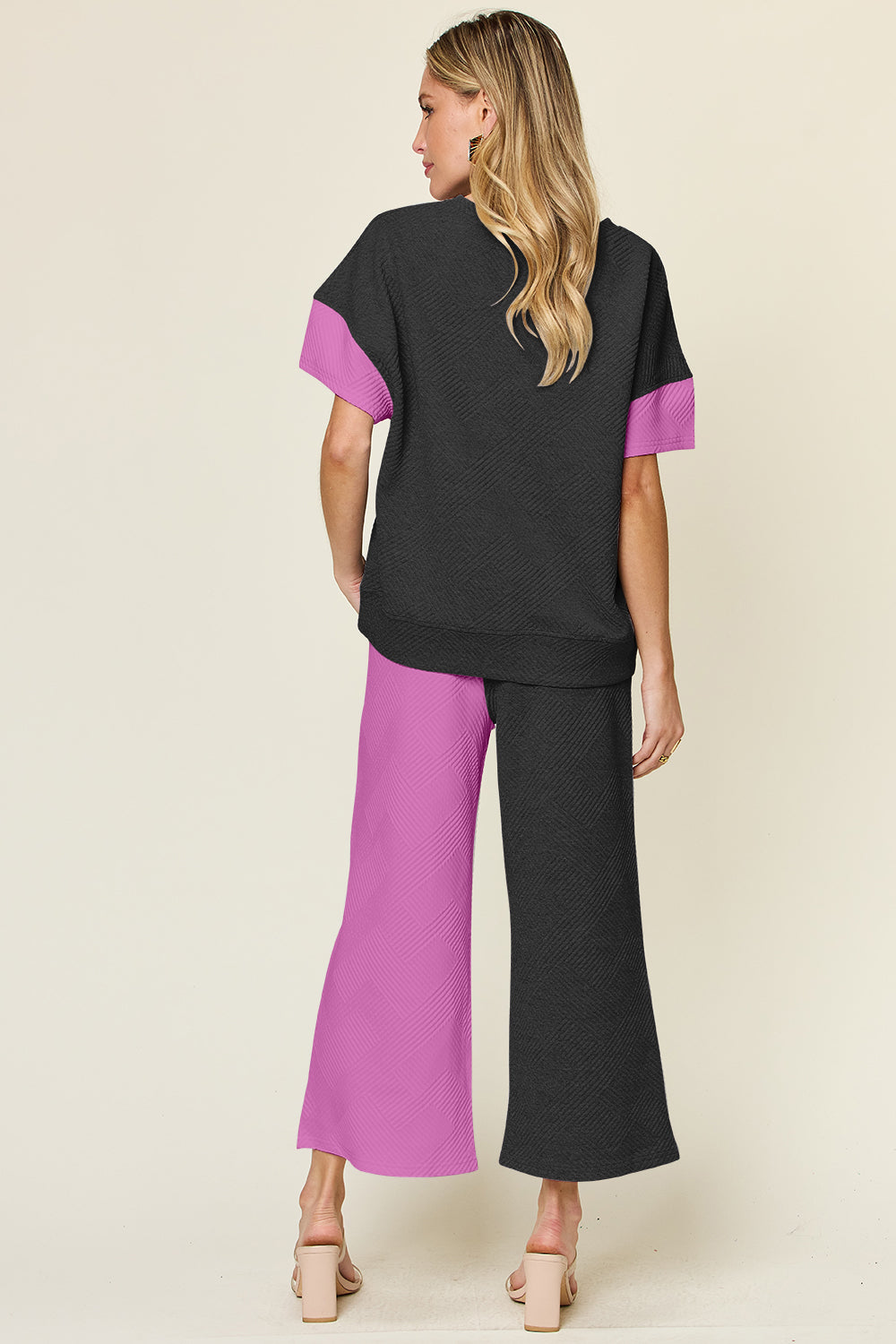 Double Take Full Size Texture Contrast T-Shirt and Wide Leg Pants Set - More Colors! - In Style Chics Boutique LLC