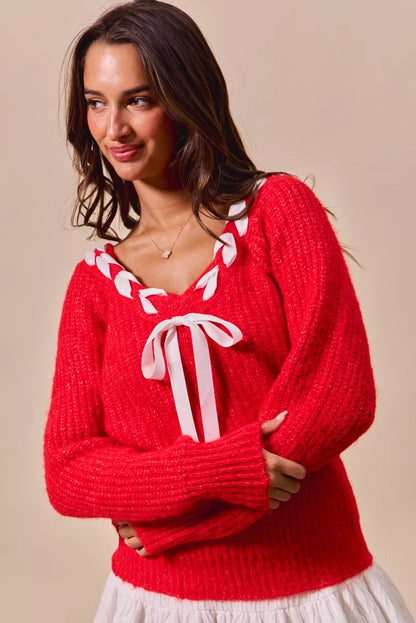 Shop Satin Tape Braided Ribbon Tie V Neck Sweater at In Style Chics Boutique 