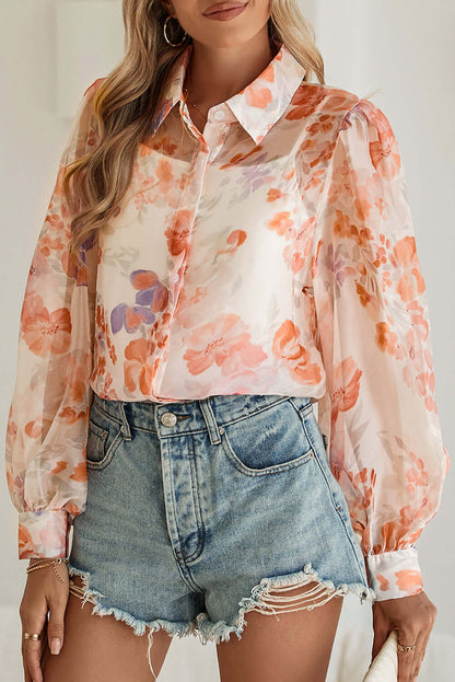 White Floral Print Buttoned Balloon Sleeve Loose Shirt - In Style Chics Boutique Cute Clothes Online Women's Juniors 