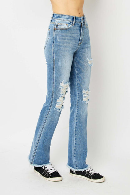 Judy Blue Full Size Distressed Raw Hem Bootcut Jeans - In Style Chics Boutique LLC