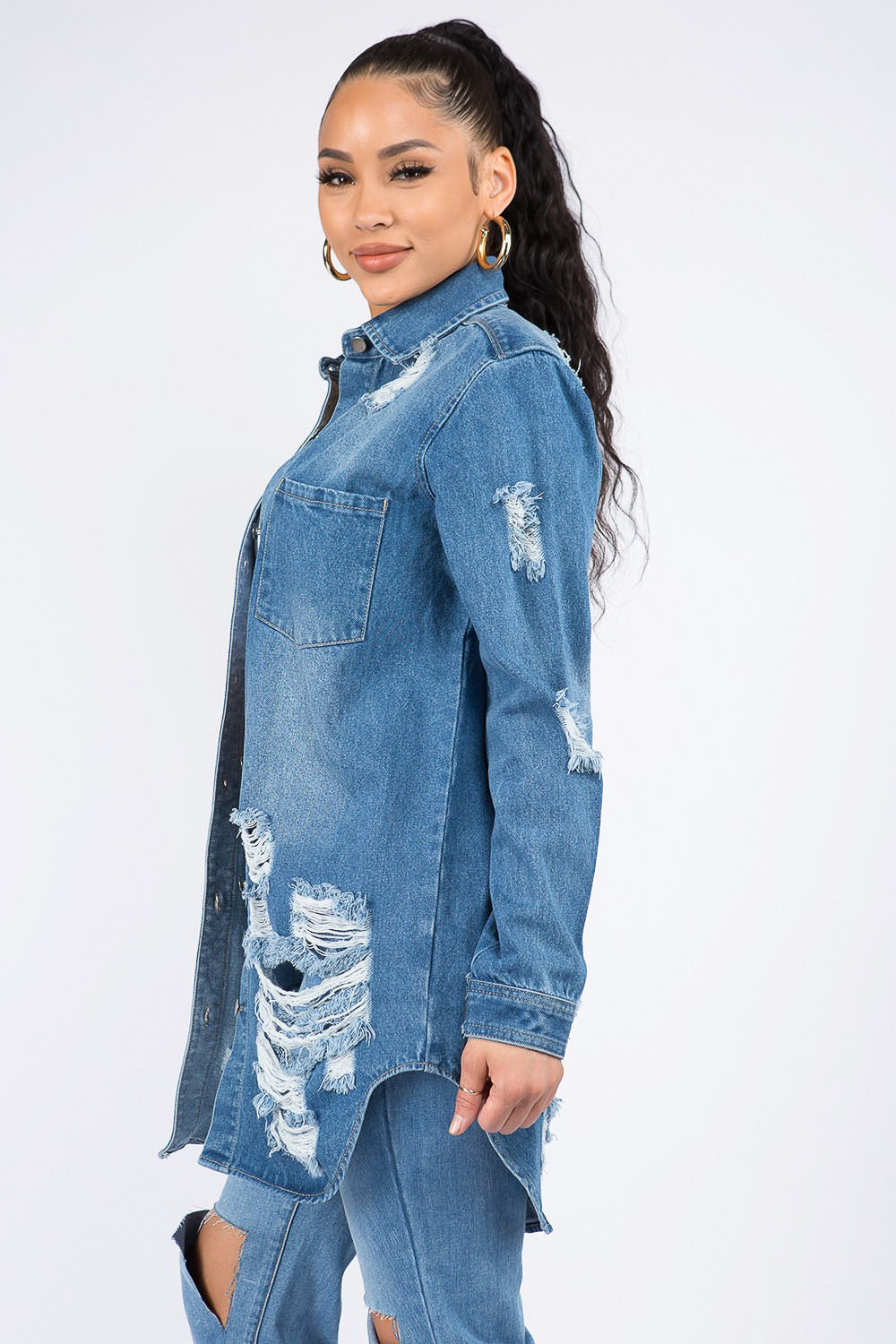 American Bazi Distressed Button Down Denim Shirt Jacket - In Style Chics Boutique LLC