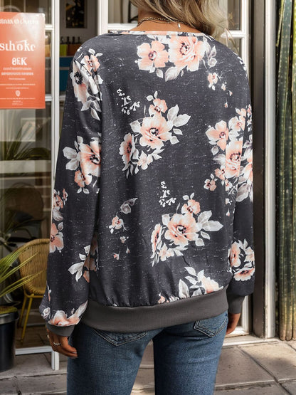 Printed V-Neck Long Sleeve Sweatshirt - In Style Chics Boutique LLC