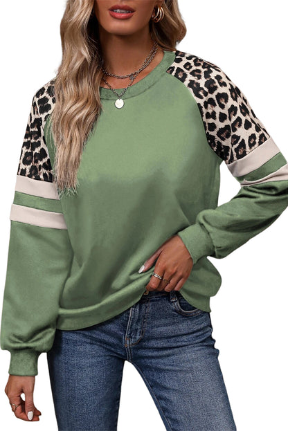 Grass Green Leopard Print Patchwork Raglan Sleeve Sweatshirt