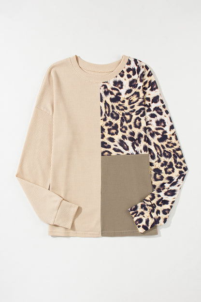 Pale Khaki Casual Waffle Knit Leopard Contrast Long Sleeve Top - In Style Chics Boutique LLC