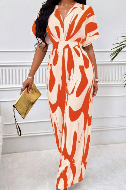 Printed V-Neck Short Sleeve Wide Leg Jumpsuit - In Style Chics Boutique LLC