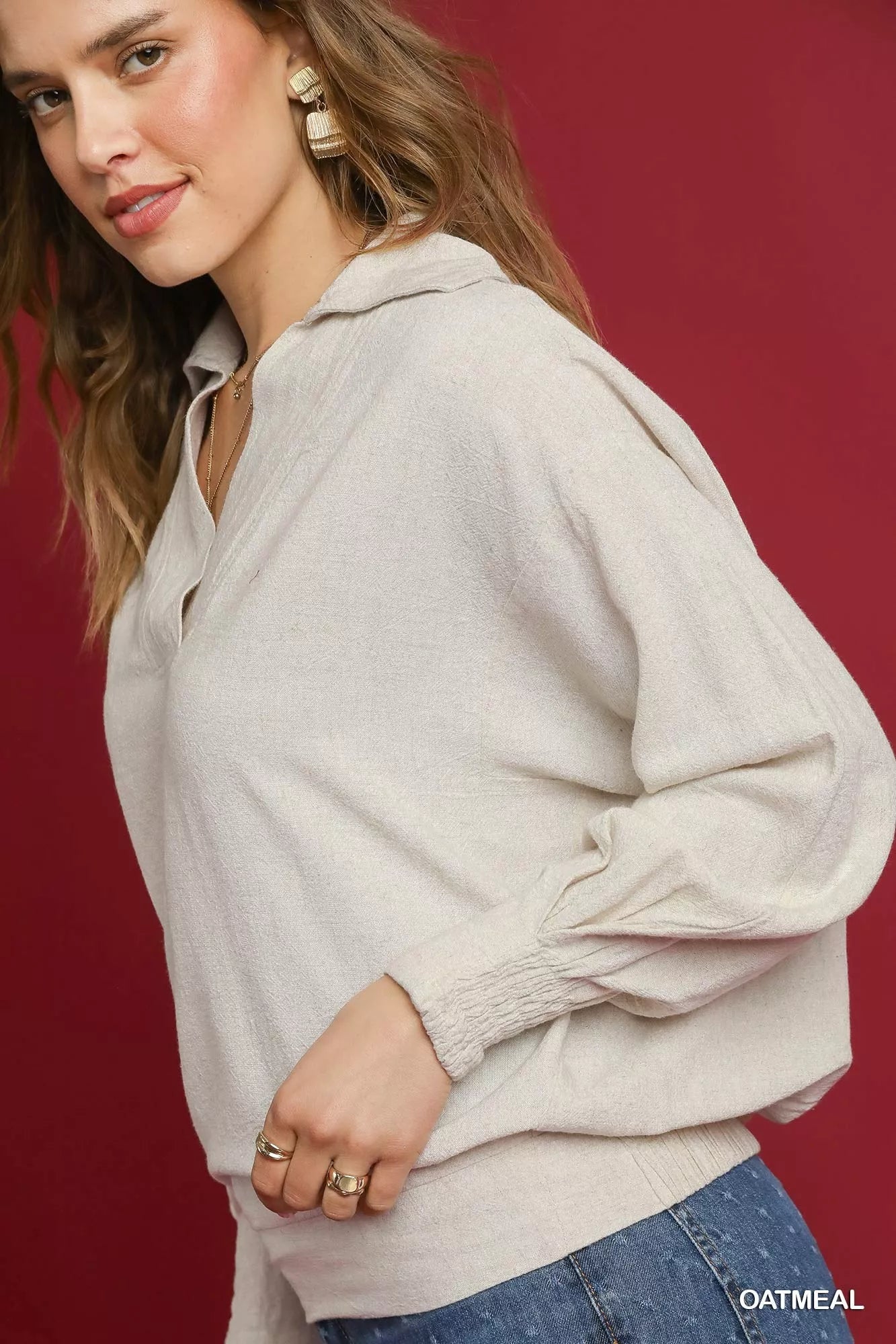 Linen Blouse, Long Sleeves Elastic Hem at In Style Chics Boutique 