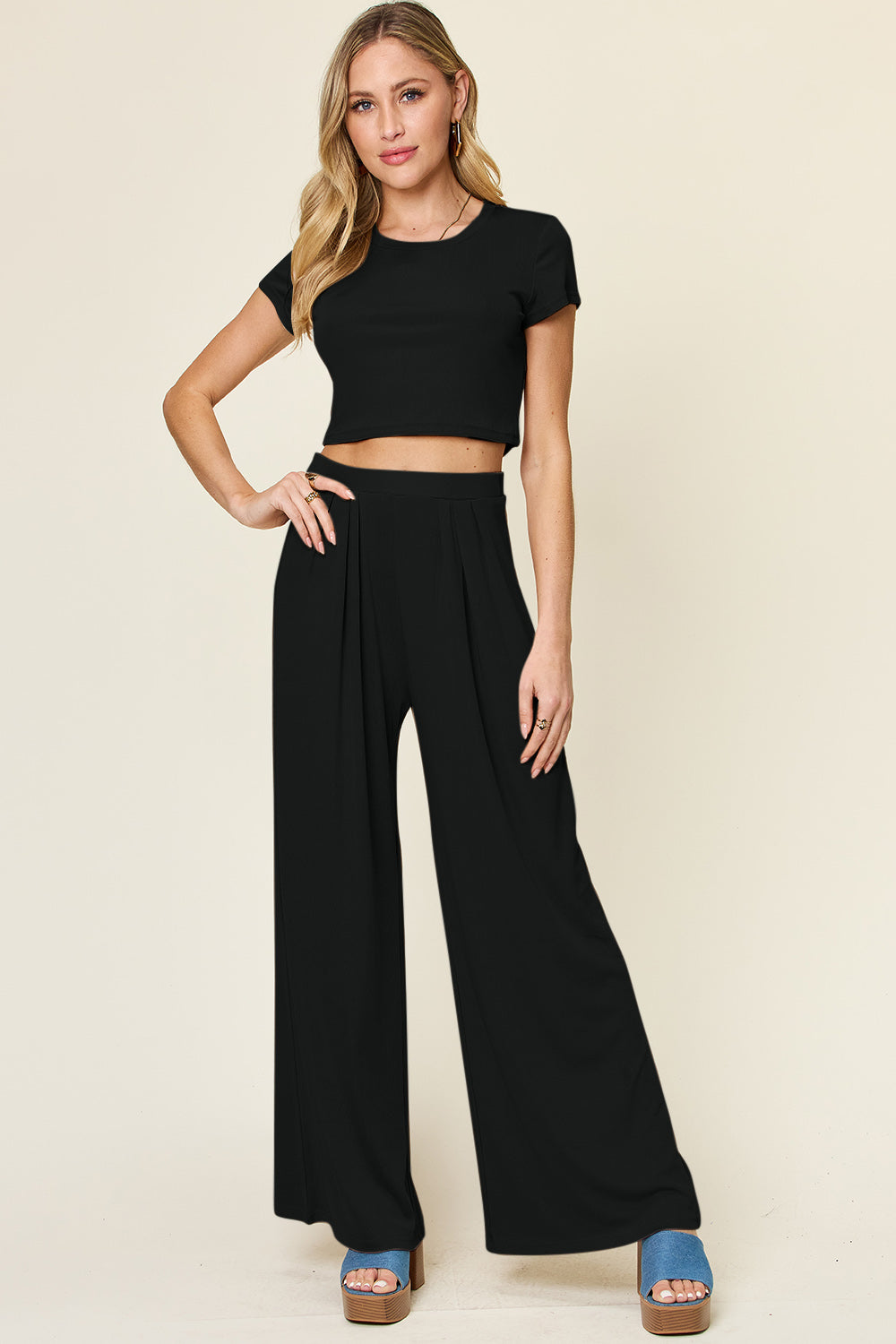 Double Take Full Size Round Neck Top and Pants Set - In Style Chics Boutique LLC