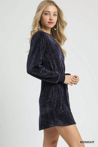 Velour Drawstring Mini Dress with Long Sleeves at In Style Chics Boutique 