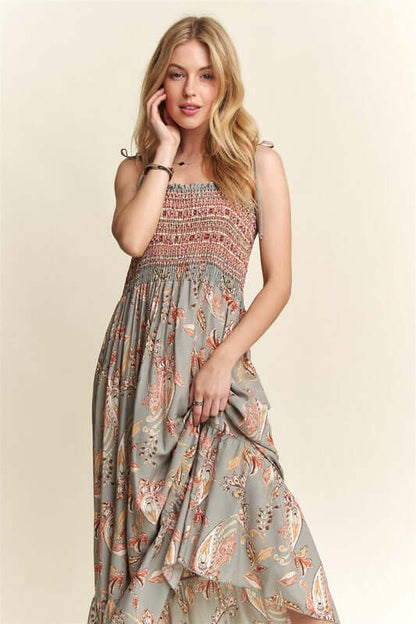 ADORA Smocked Printed Square Neck Tie Shoulder Cami Dress - In Style Chics Boutique LLC