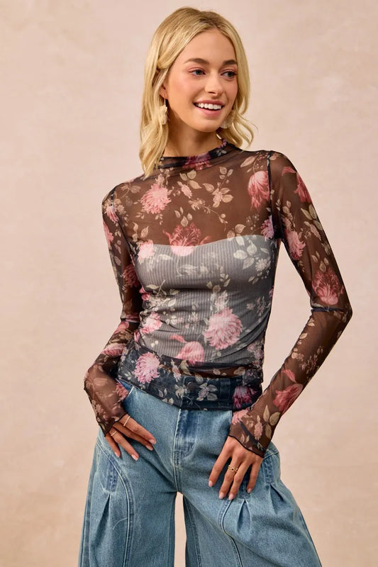 Flower Printed Mesh Lace Top with Thumb Opening at In Style Chics Boutique 