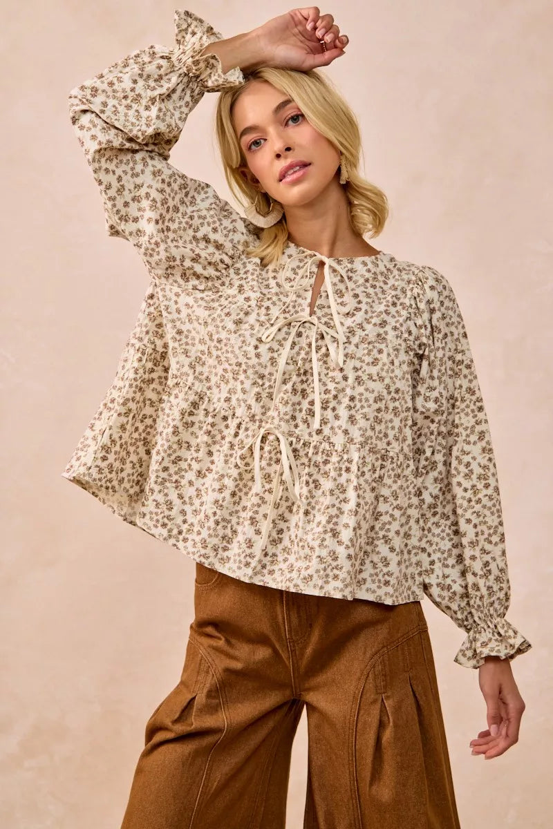 Floral Printed Peplum Blouse with Shirring and Tied at In Style Chics Boutique 
