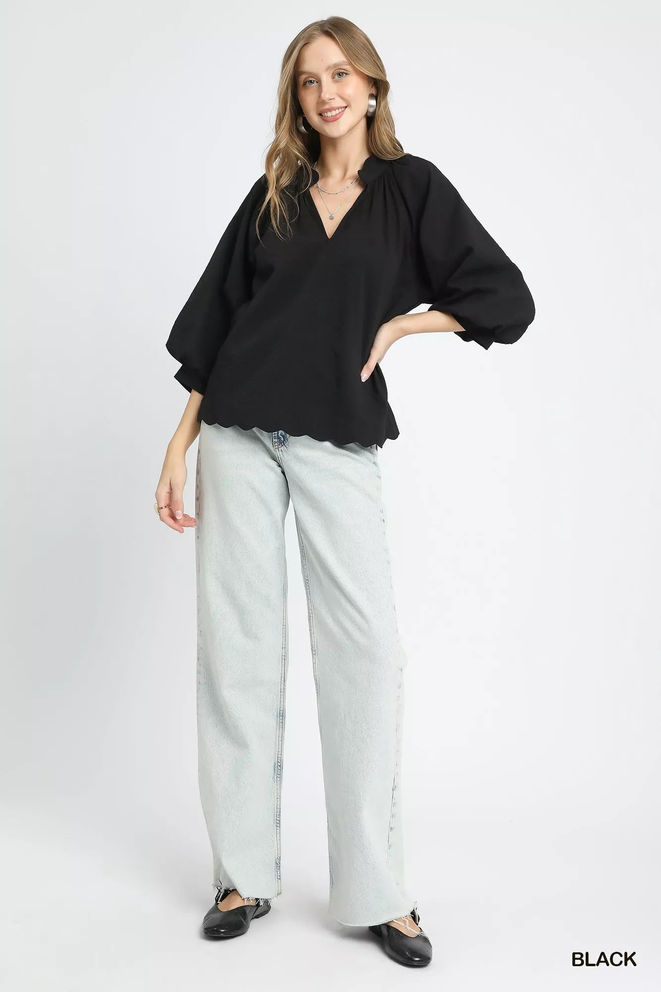 Black Blouse Textured Notched Balloon Sleeve at In Style Chics Boutique 