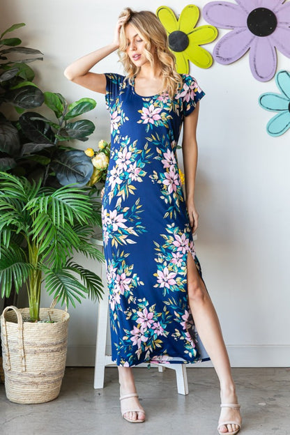 Heimish Full Size Floral Short Sleeve Slit Dress - In Style Chics Boutique LLC