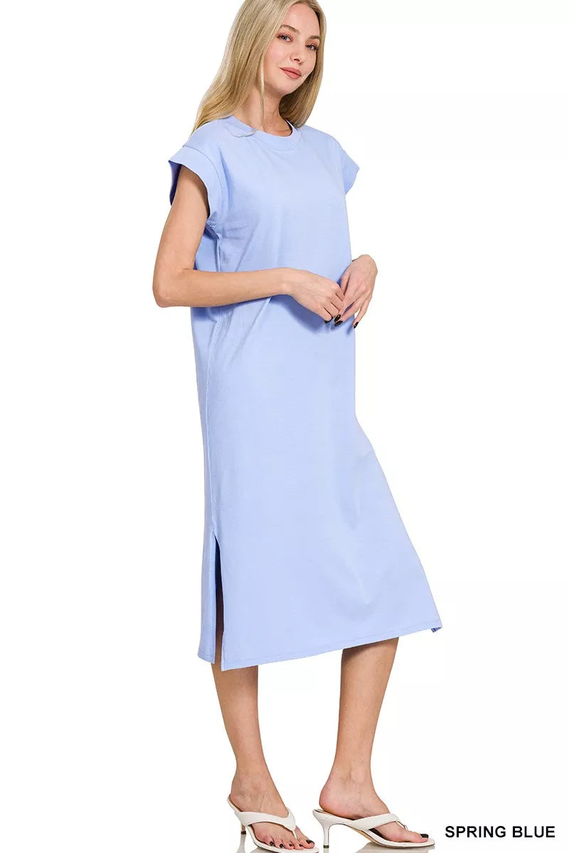 Round Neck Side Slit Midi Dress at In Style Chics Boutique 