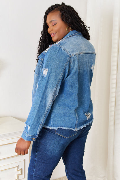 Baeful Leopard Floral Distressed Raw Hem Denim Jacket - In Style Chics Boutique LLC