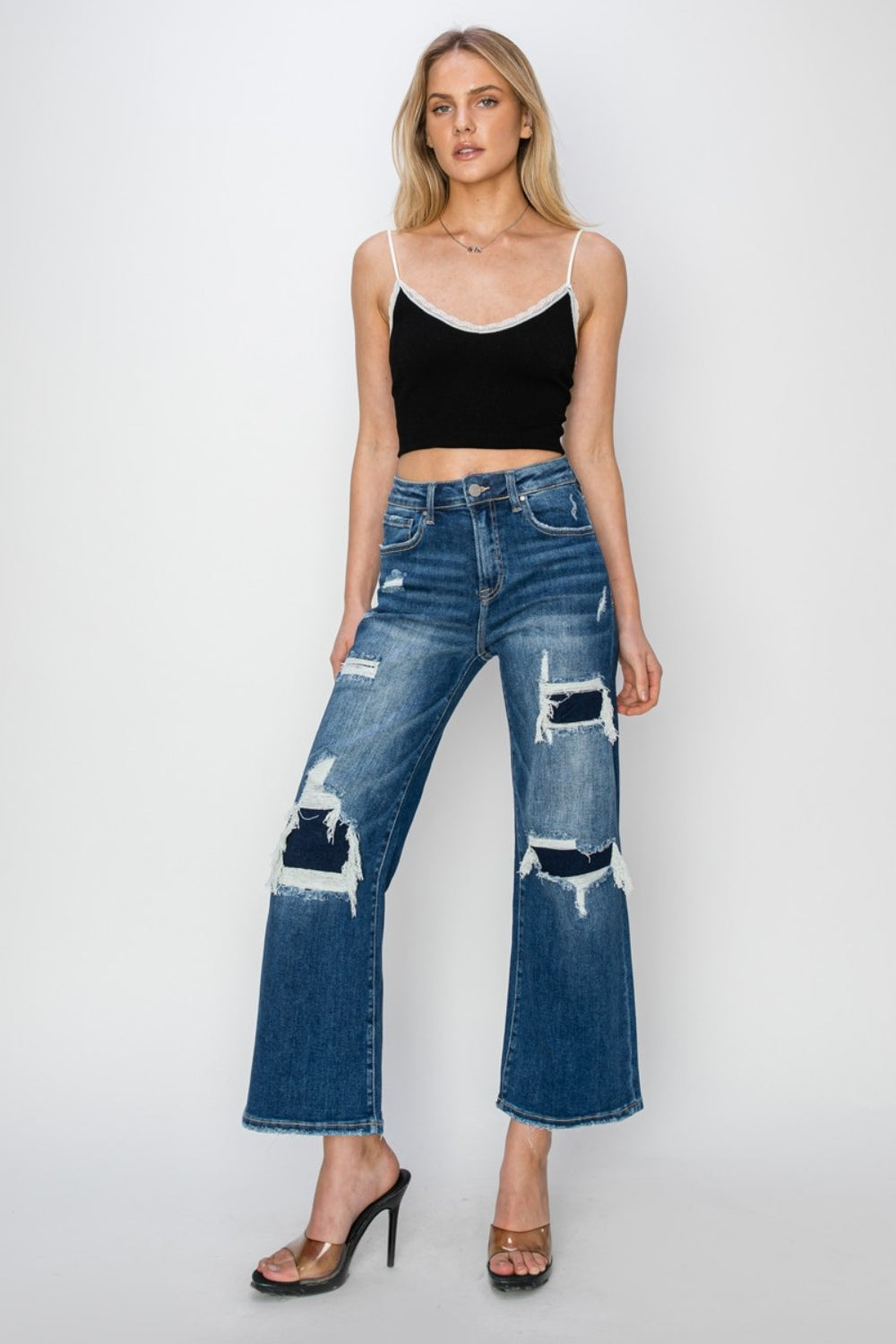 Risen Full Size High Rise Patch Detailed Wide Leg Crop Jeans - In Style Chics Boutique LLC