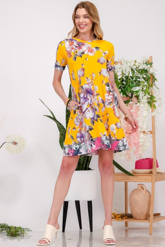 Floral Short Sleeve Mini Dress with Pockets - Cute Clothes Online - Made in USA - In Style Chics Boutique Women's Juniors Plus Size - Shein Alternative 