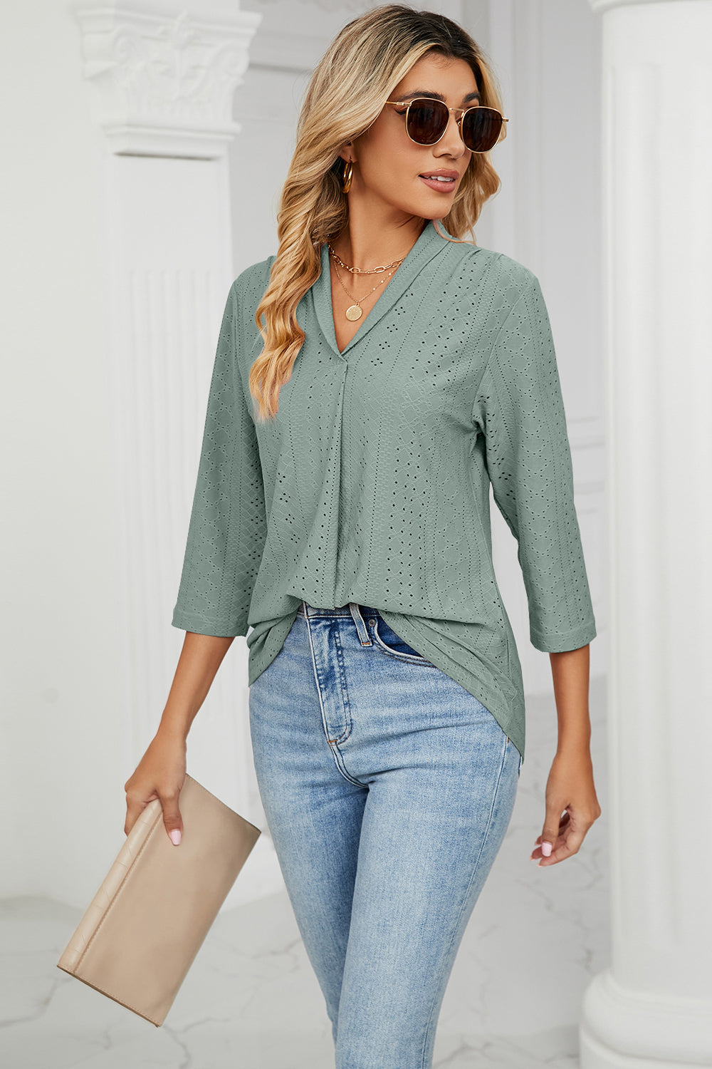 Eyelet Three-Quarter Sleeve Blouse - In Style Chics Boutique LLC