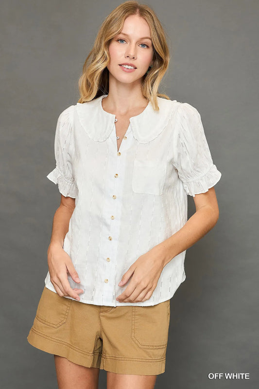 Button Down Textured Shirt with Ruffled Detail Peter Pan Collar at In Style Chics Boutique 