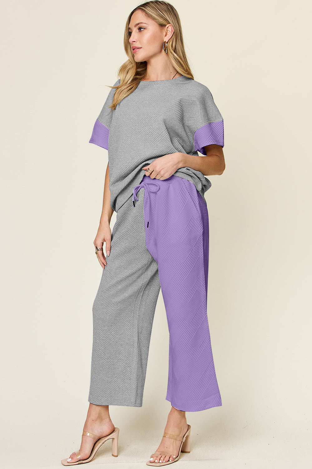 Double Take Full Size Texture Contrast T-Shirt and Wide Leg Pants Set - More Colors! - In Style Chics Boutique LLC