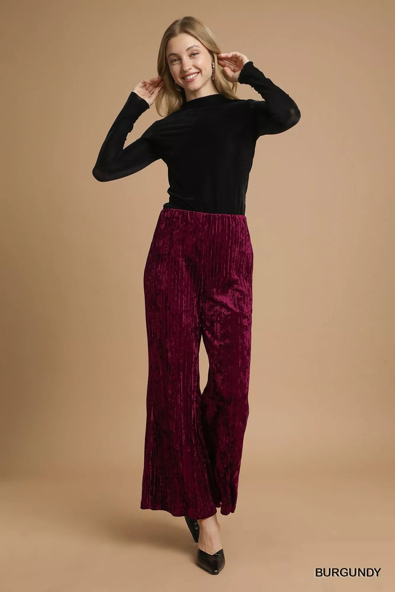 Velvet Wide Leg Flare Pants in Burgundy at In Style Chics Boutique Fall Fashion and Style 