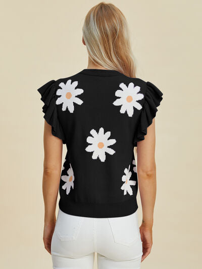 Ruffled Flower Round Neck Cap Sleeve Sweater - In Style Chics Boutique - Shop Online Plus Size Clothing 