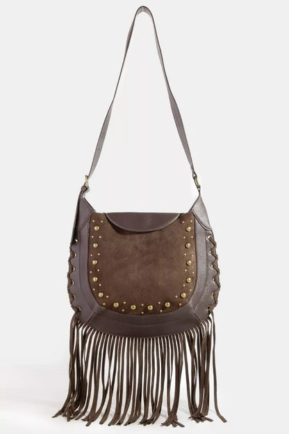 Rivet Trim Suede Fringe Shoulder Bag at In Style Chics Boutique 