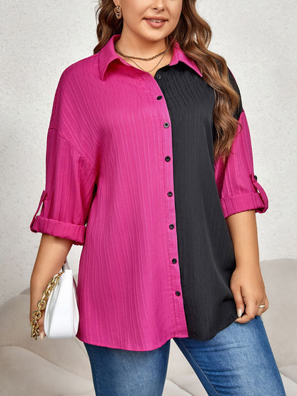 Plus Size Contrast Color Roll-Tap Sleeve Shirt - In Style Chics Boutique LLC