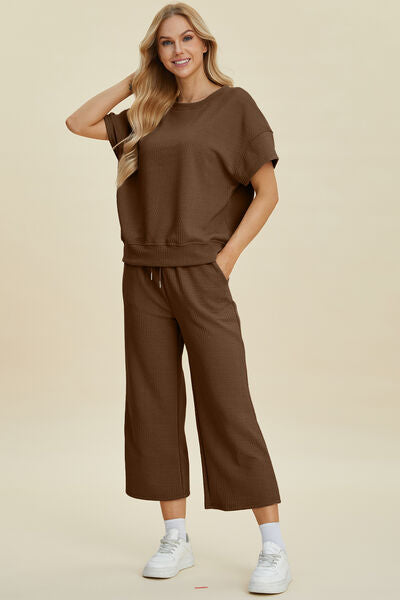 Textured Round Neck Top and Pants Set - In Style Chics Boutique Women's Juniors Plus Size Apparel Online 