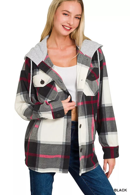 Zenana Plaid Drawstring Hooded Fleece Shacket