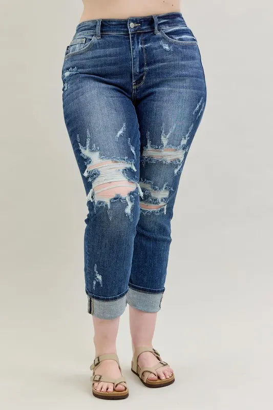 Judy Blue Mid Rise Cuffed Destroy Boyfriend Jeans - In Style Chics Boutique Women's Clothes Online Plus Size 