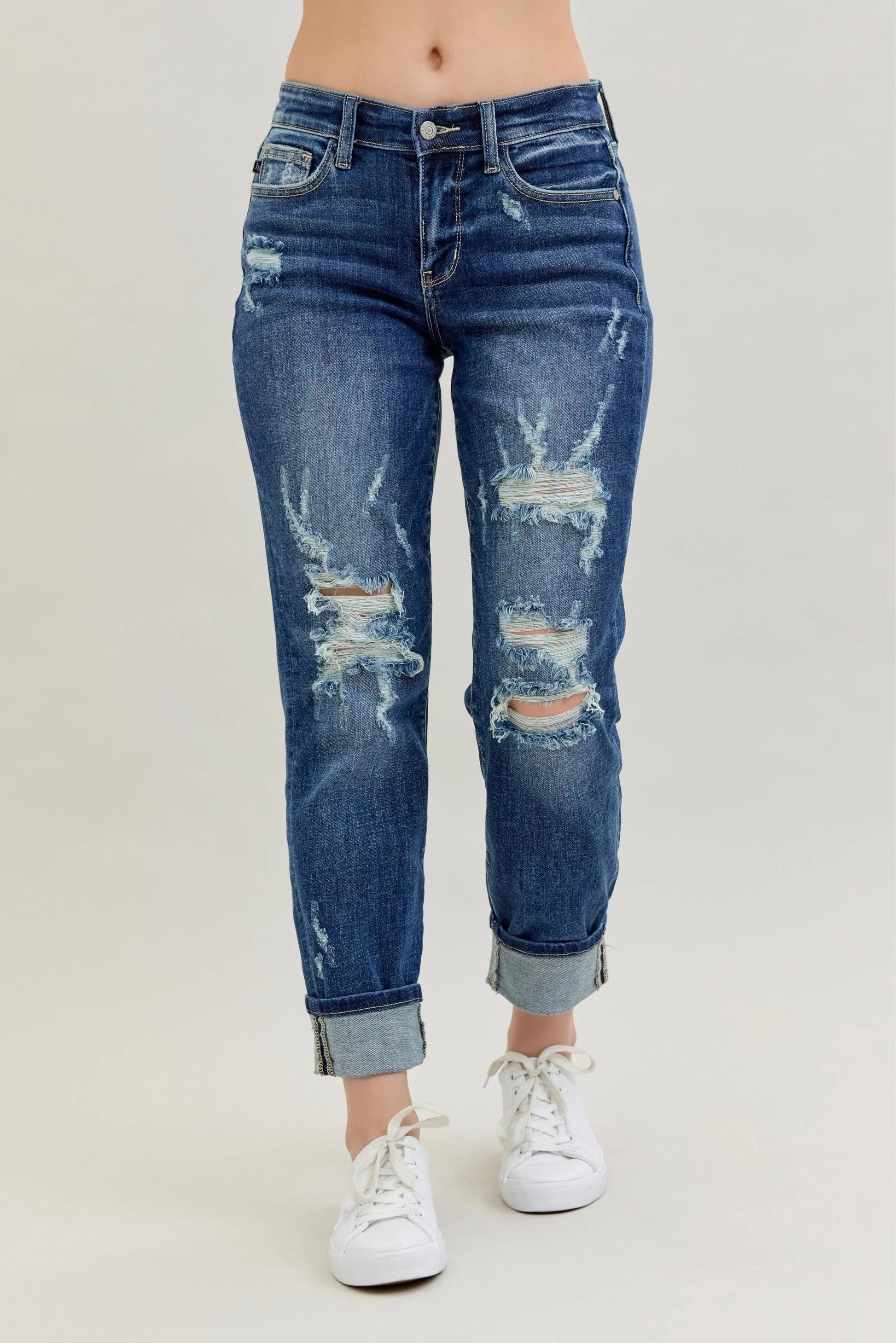 Judy Blue Mid Rise Cuffed Destroy Boyfriend Jeans - In Style Chics Boutique Women's Clothes Online Plus Size 