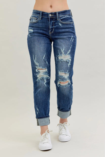 Judy Blue Mid Rise Cuffed Destroy Boyfriend Jeans - In Style Chics Boutique Women's Clothes Online Plus Size 