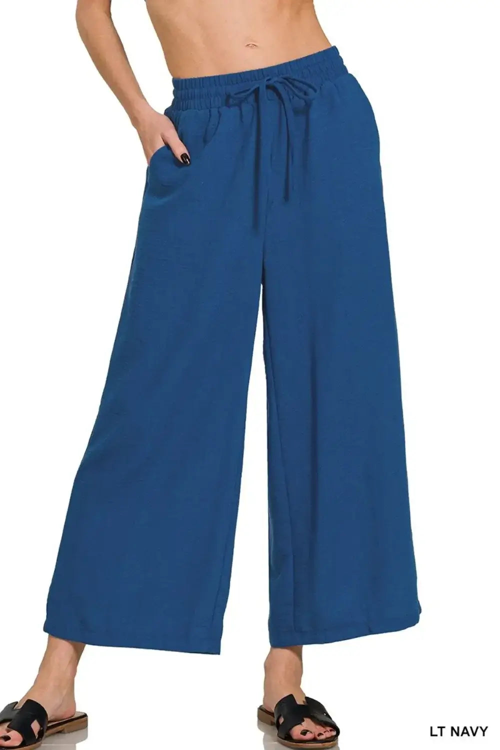 Women's Cropped Pants - Woven Crepe Elastic Waist - In Style Chics Boutique Women's Juniors Fashion Style Online 