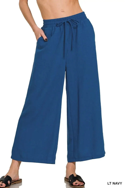 Women's Cropped Pants - Woven Crepe Elastic Waist - In Style Chics Boutique Women's Juniors Fashion Style Online 