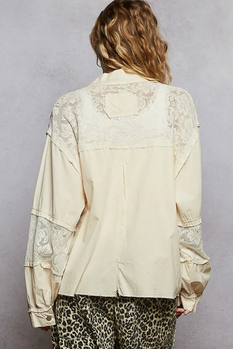 Jacket with Lace Detail, Printed Woven Mix Raw Hem - In Style Chics Boutique 