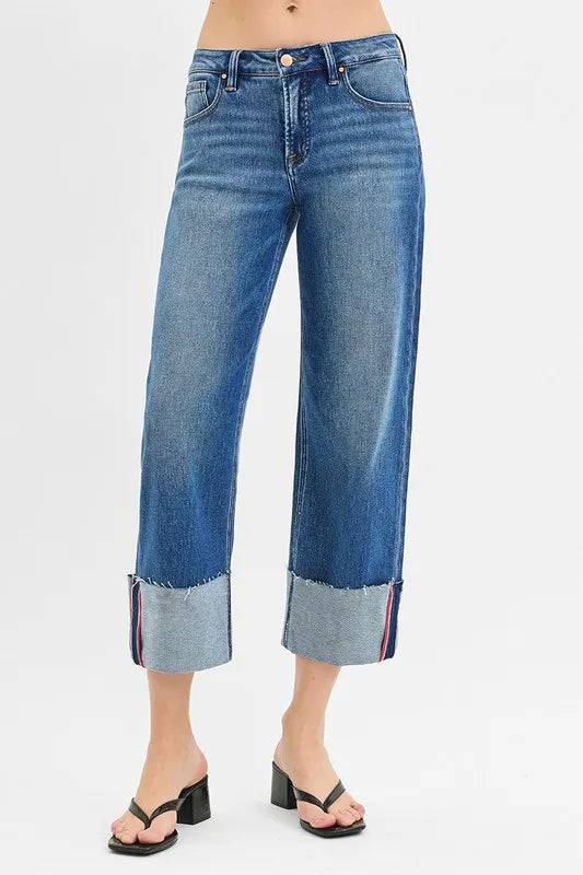 RISEN Cropped Jeans,Wide Leg Cuffed Tummy Control Mid Rise  - In Style Chics Boutique Women's Juniors Plus Size Clothes 