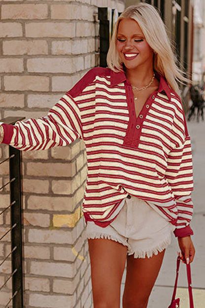 Stripe Collared V Neck Drop Shoulder Top