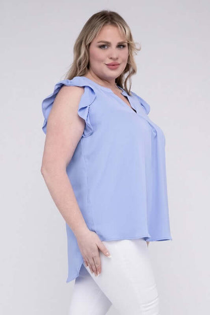 Plus Size High-Low Top, Woven Wool Ruffled Sleeve - In Style Chics Boutique 