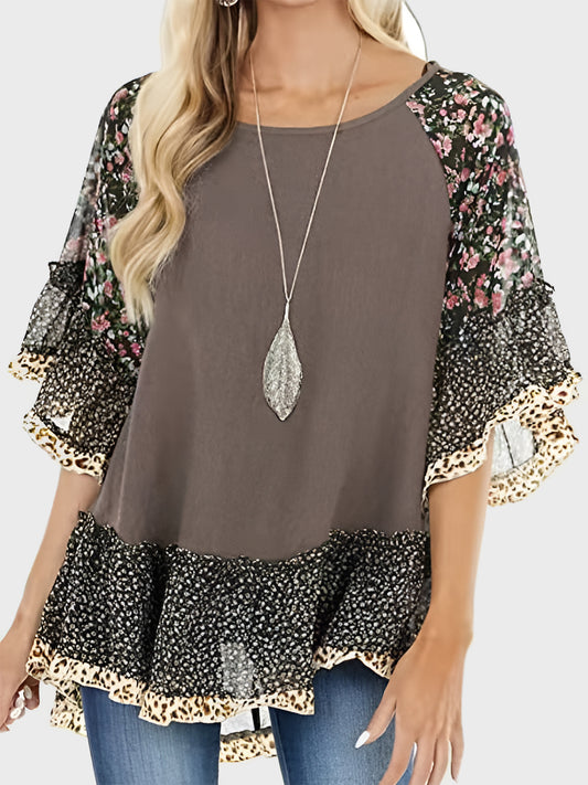 Full Size Frill Printed Round Neck Half Sleeve Blouse - In Style Chics Boutique LLC