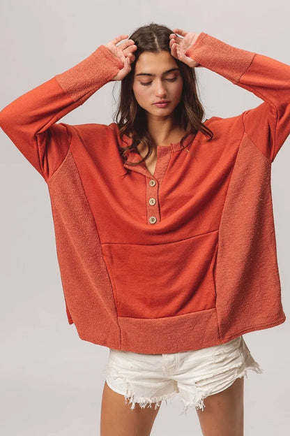 French Terry Knit Side Block Buttoned Henley Top at In Style Chics Boutique 